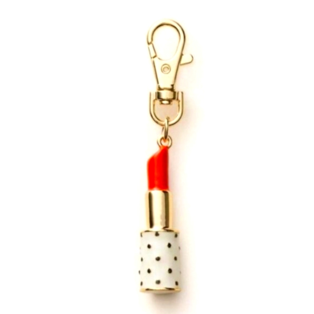 kate spade Gold and Red Lipstick Keychain with Polka Dot Case